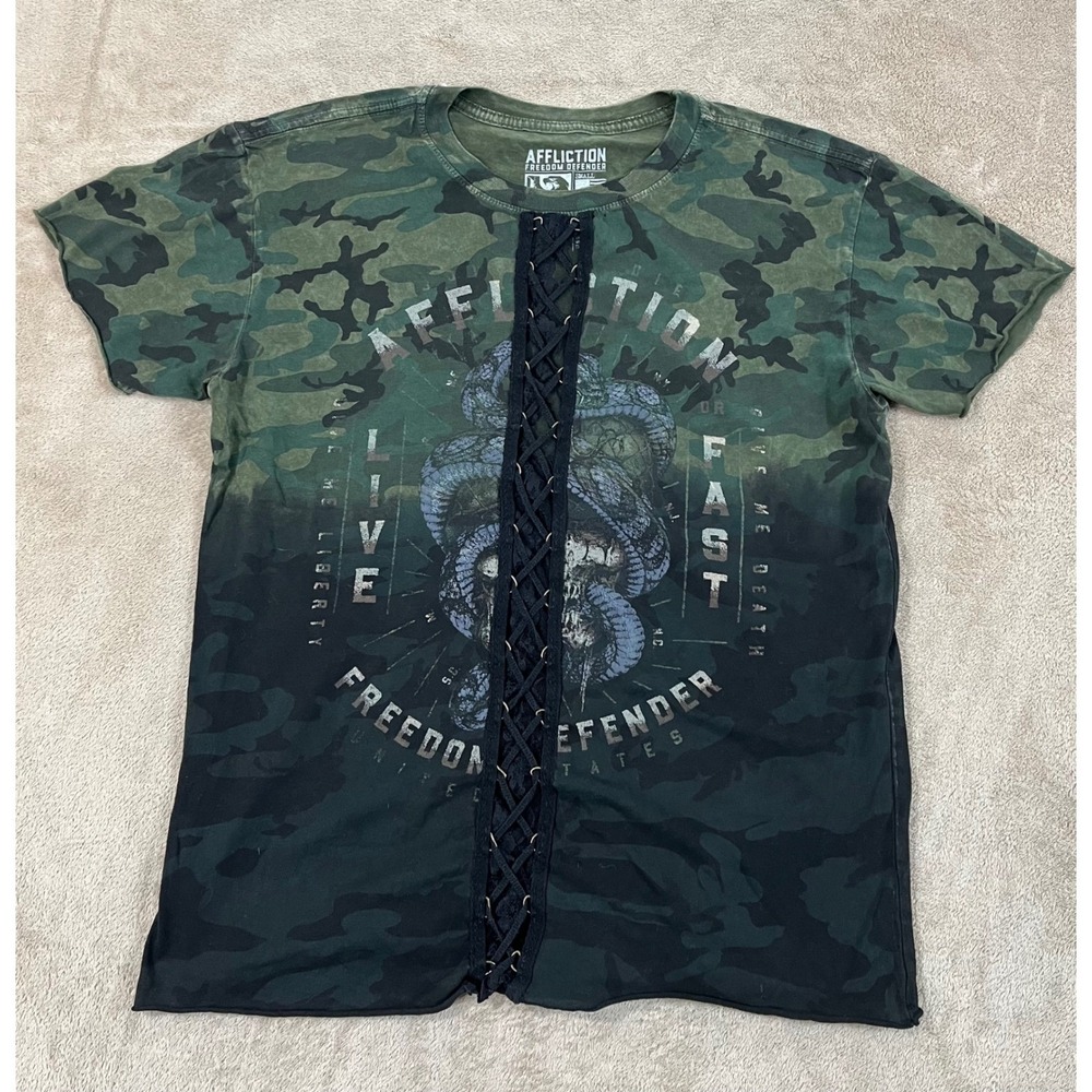 Affliction Lace Corset Snake Tee-Shirt Women's S Camo Cotton Short Sleeve EUC